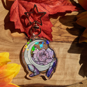 Double Sided Moon, Rose & Crystals Holographic | Keychain