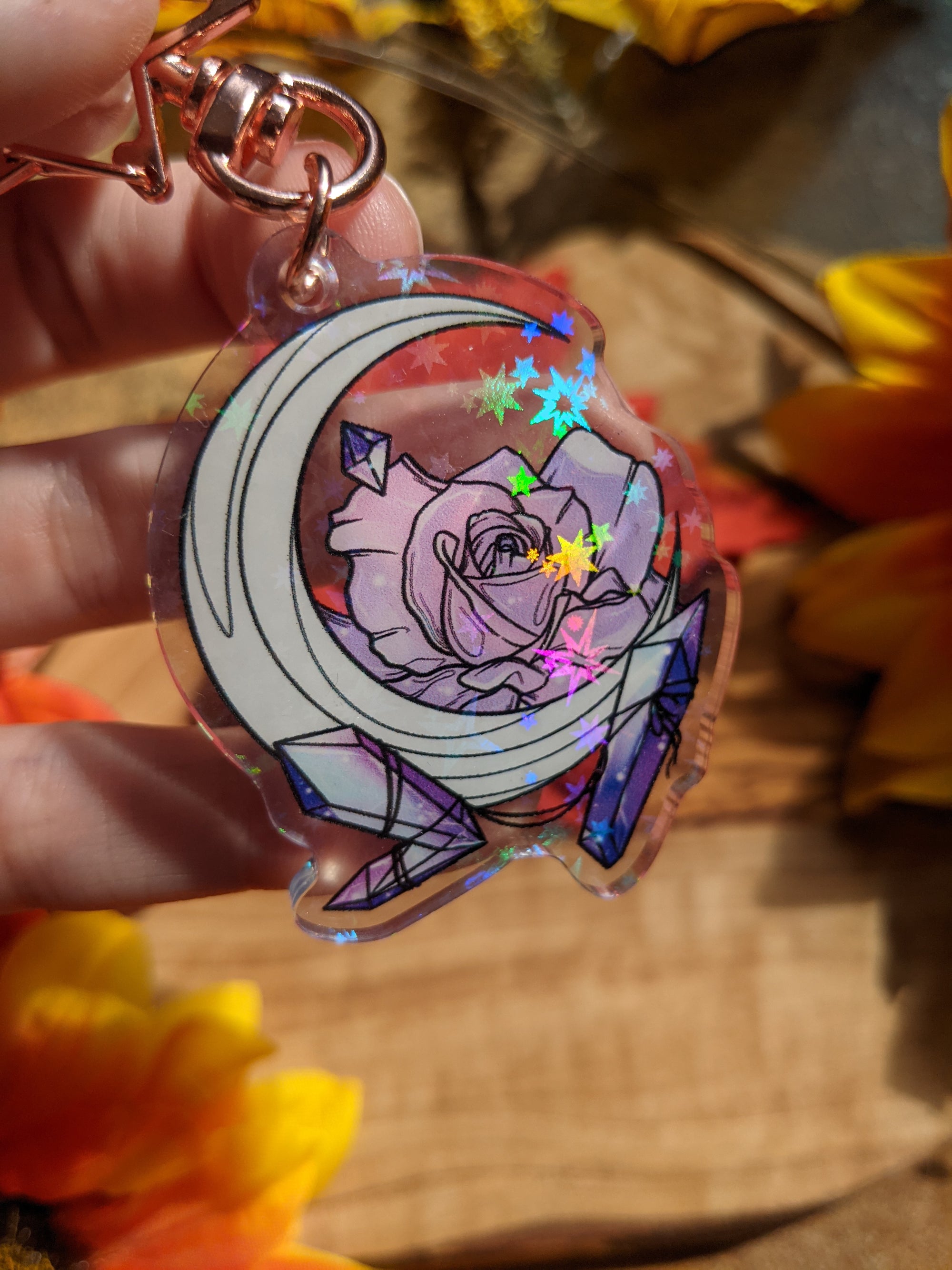 Double Sided Moon, Rose & Crystals Holographic | Keychain