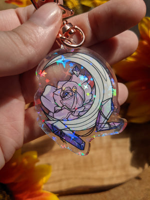 Double Sided Moon, Rose & Crystals Holographic | Keychain