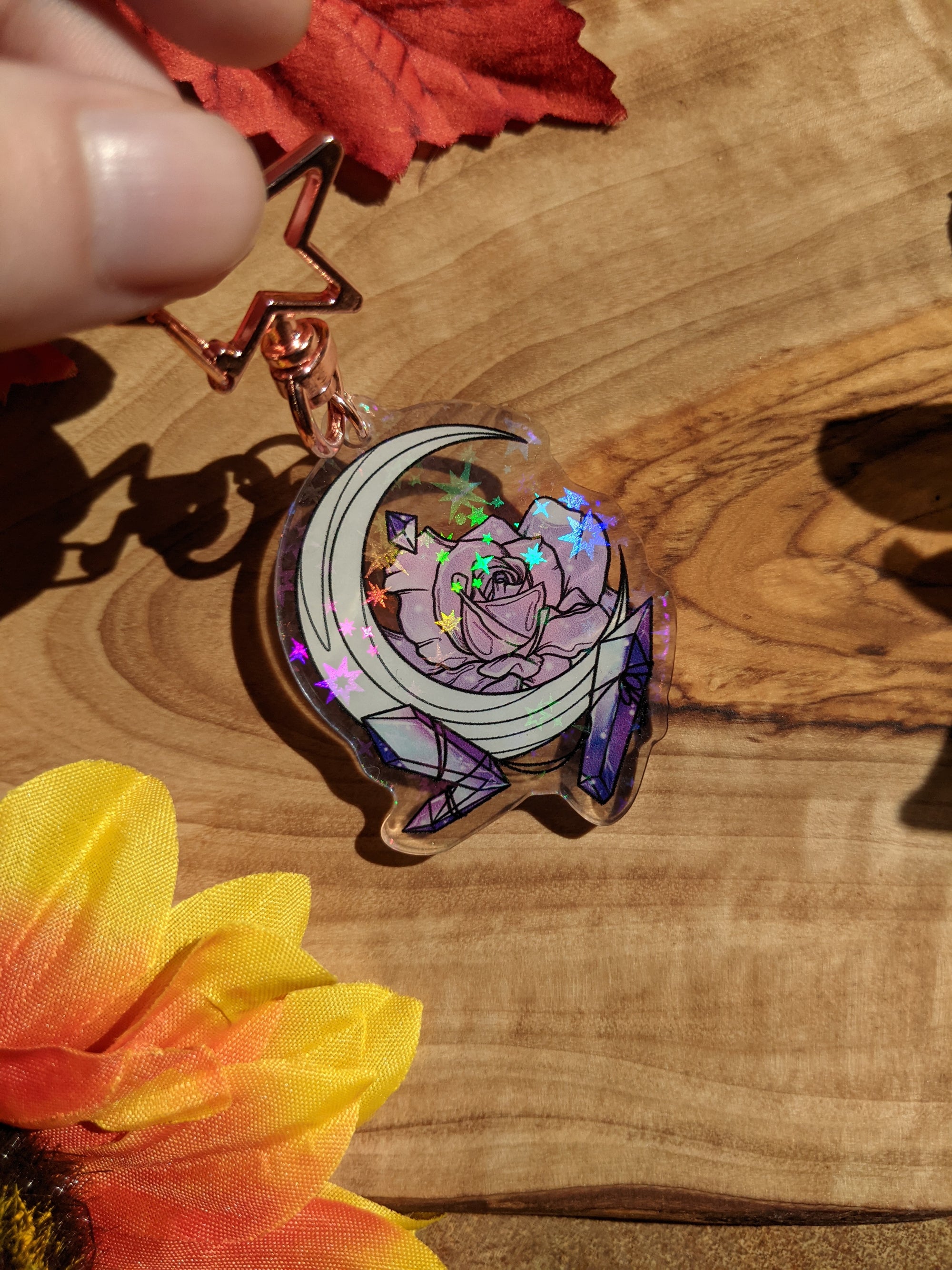 Double Sided Moon, Rose & Crystals Holographic | Keychain