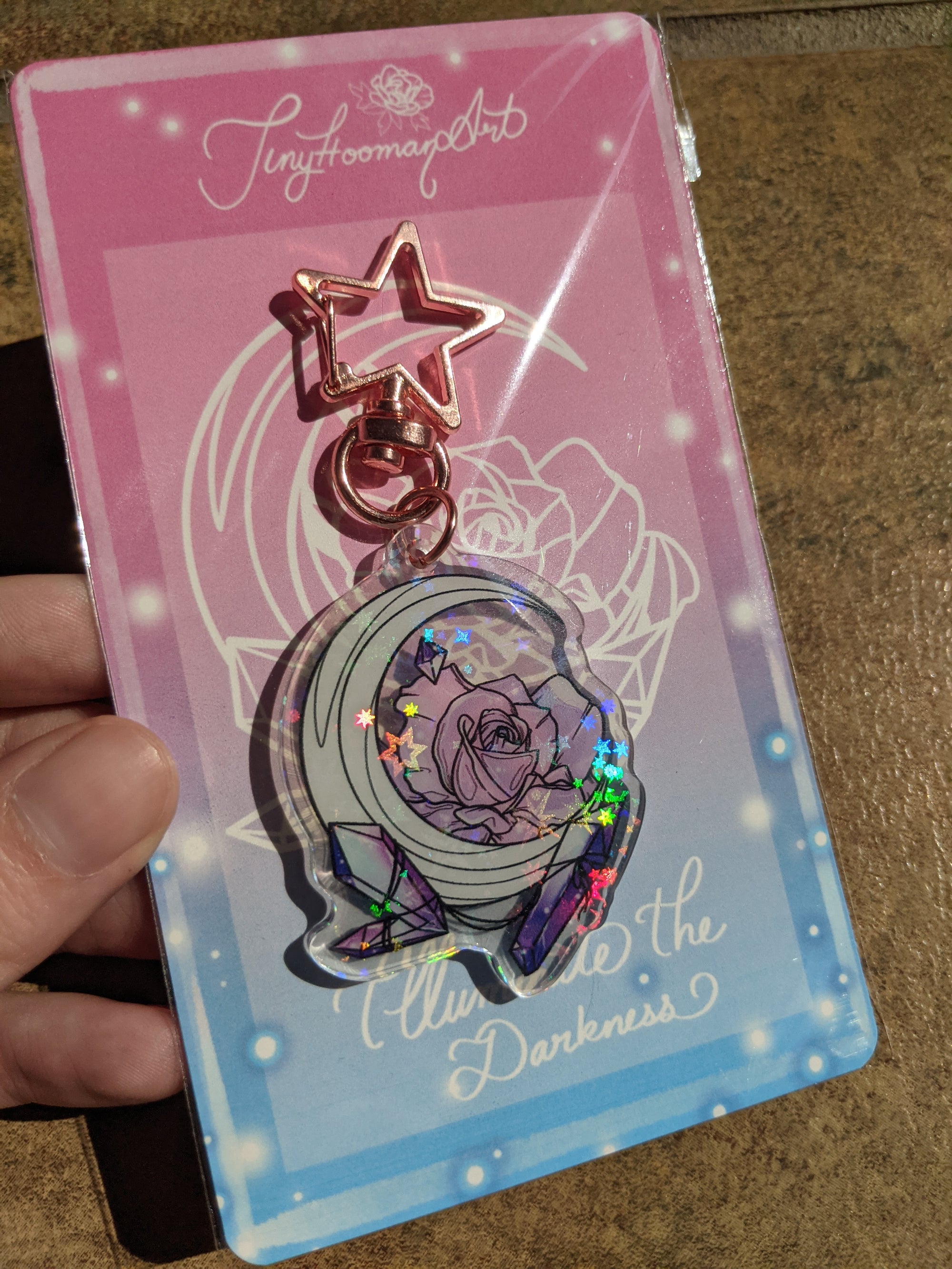 Double Sided Moon, Rose & Crystals Holographic | Keychain