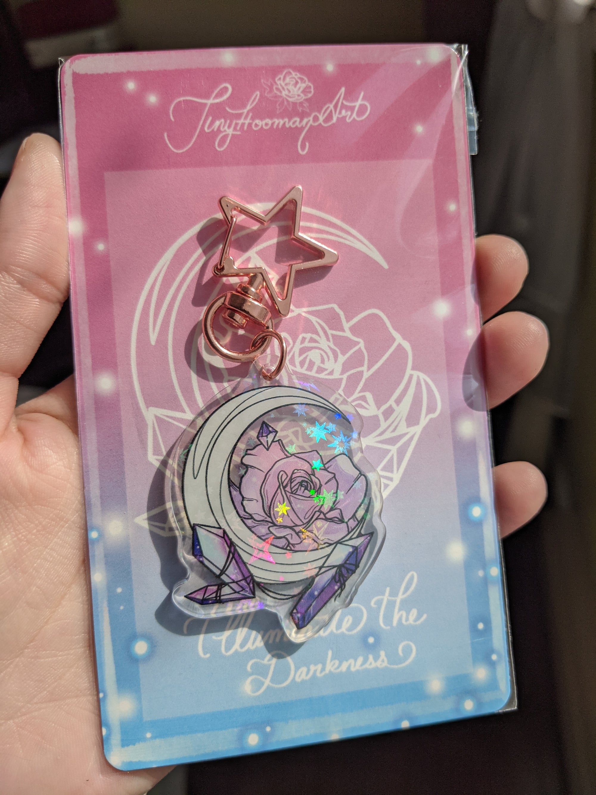 Double Sided Moon, Rose & Crystals Holographic | Keychain