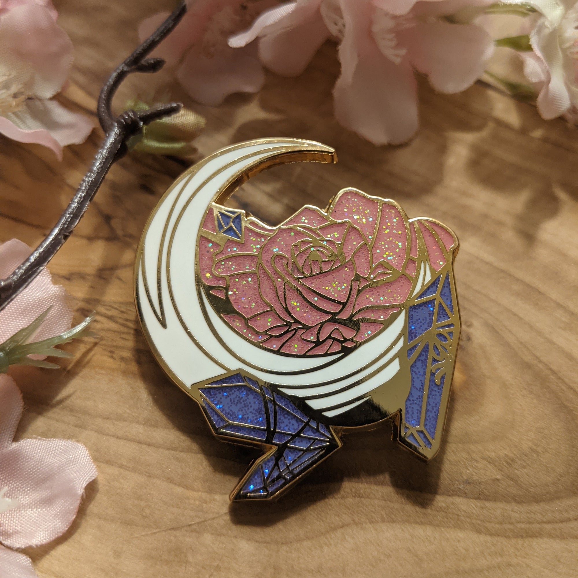 Glitter Moon, Rose & Crystals | Enamel Pin