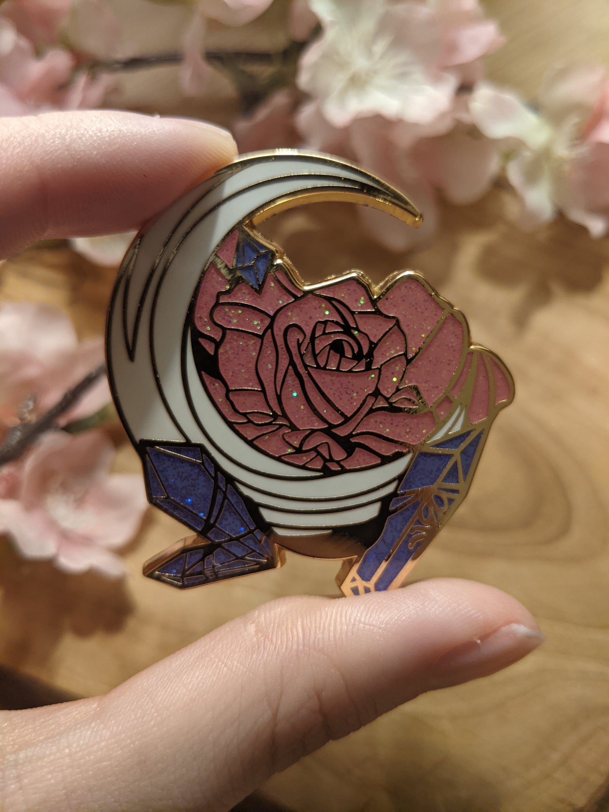 Glitter Moon, Rose & Crystals | Enamel Pin