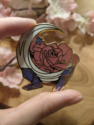 Glitter Moon, Rose & Crystals | Enamel Pin