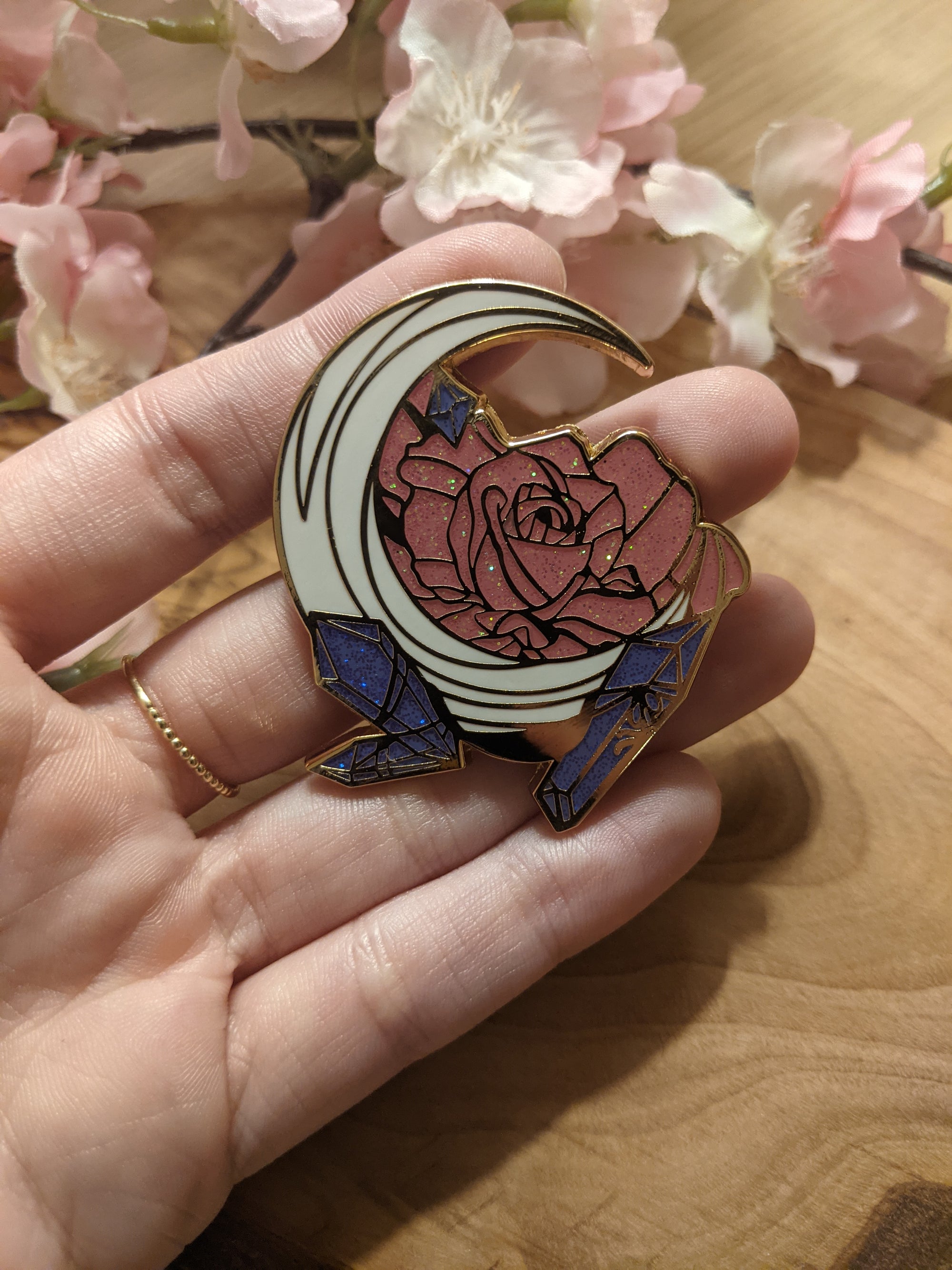 Glitter Moon, Rose & Crystals | Enamel Pin