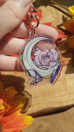 Double Sided Moon, Rose & Crystals Holographic | Keychain